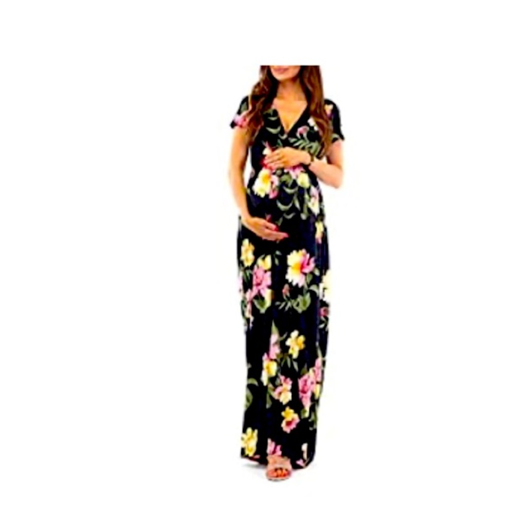Mother Bee Maternity Short Sleeve Ruched Waist Faux Wrap Maxi Dress